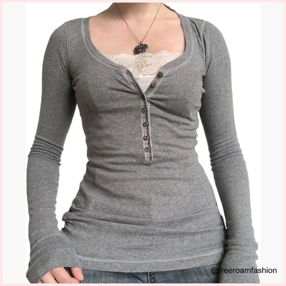 Tops - Long Sleeve Lace Trim Tunic Top Polyester Slim Fit Y2K Fairy Grunge